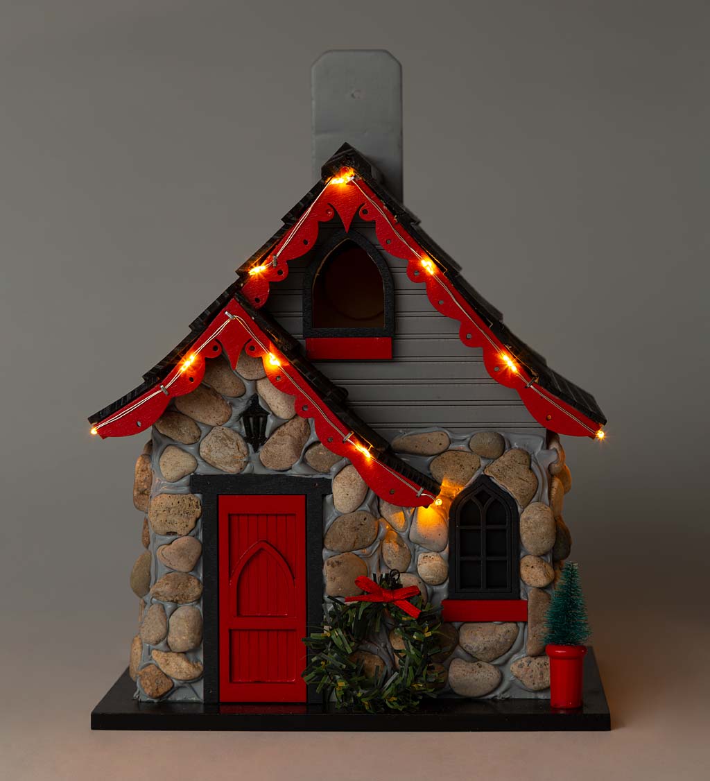 LED-Lighted River Rock Christmas Cottage Bird House