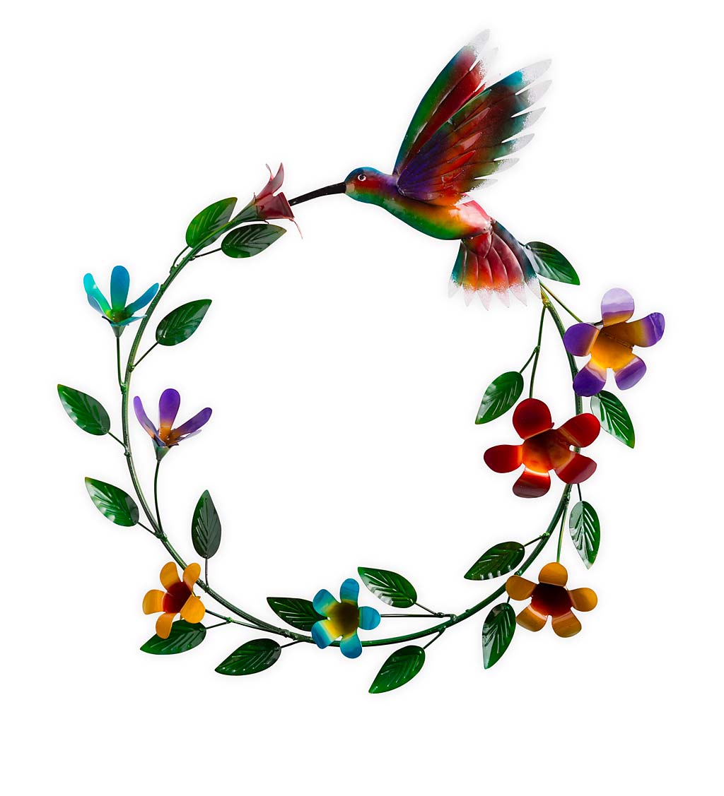 Handcrafted Metal Wreath of Flowers with Hummingbird