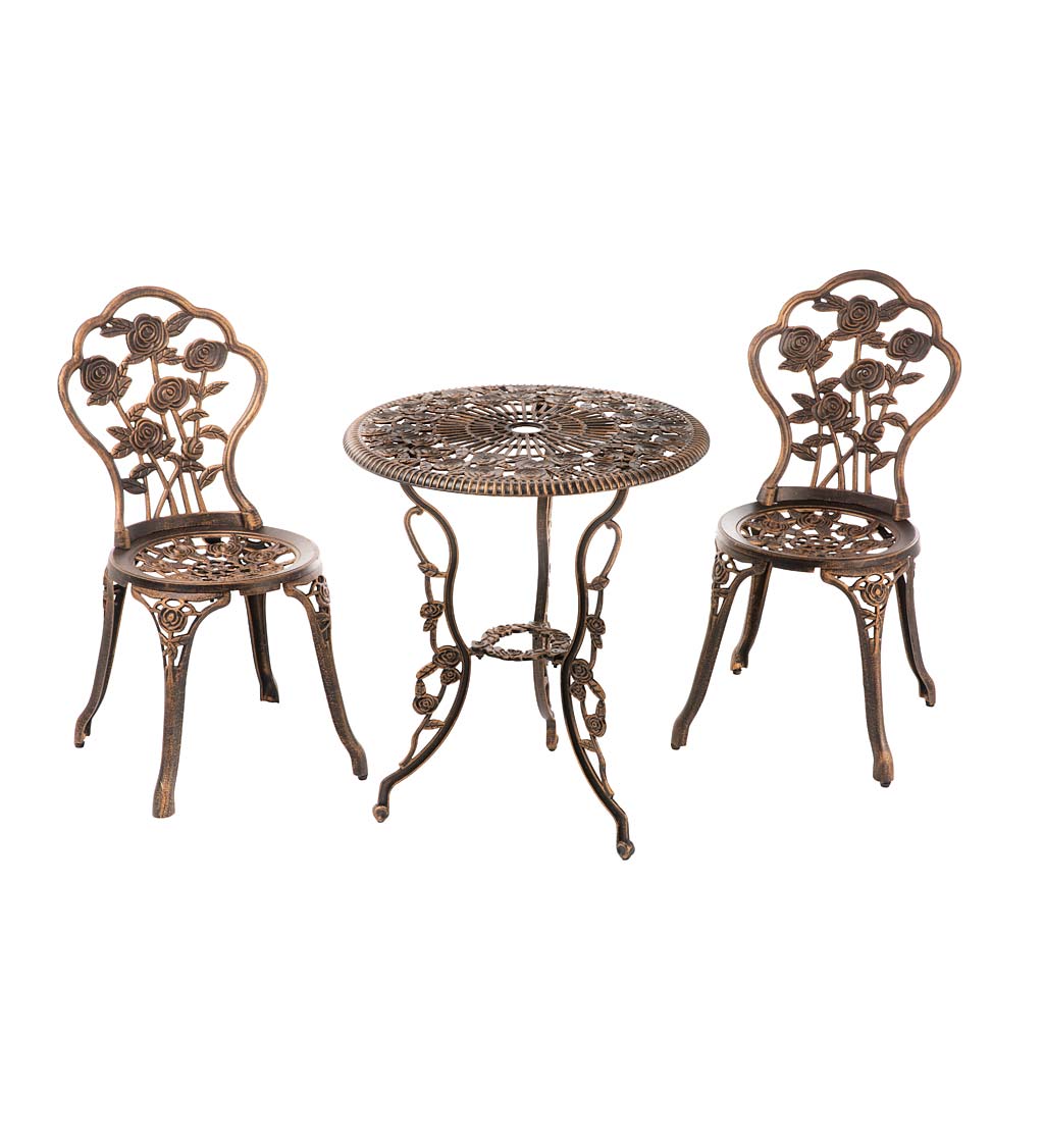 Bronze Metal Bistro Table and Chairs Set with Roses