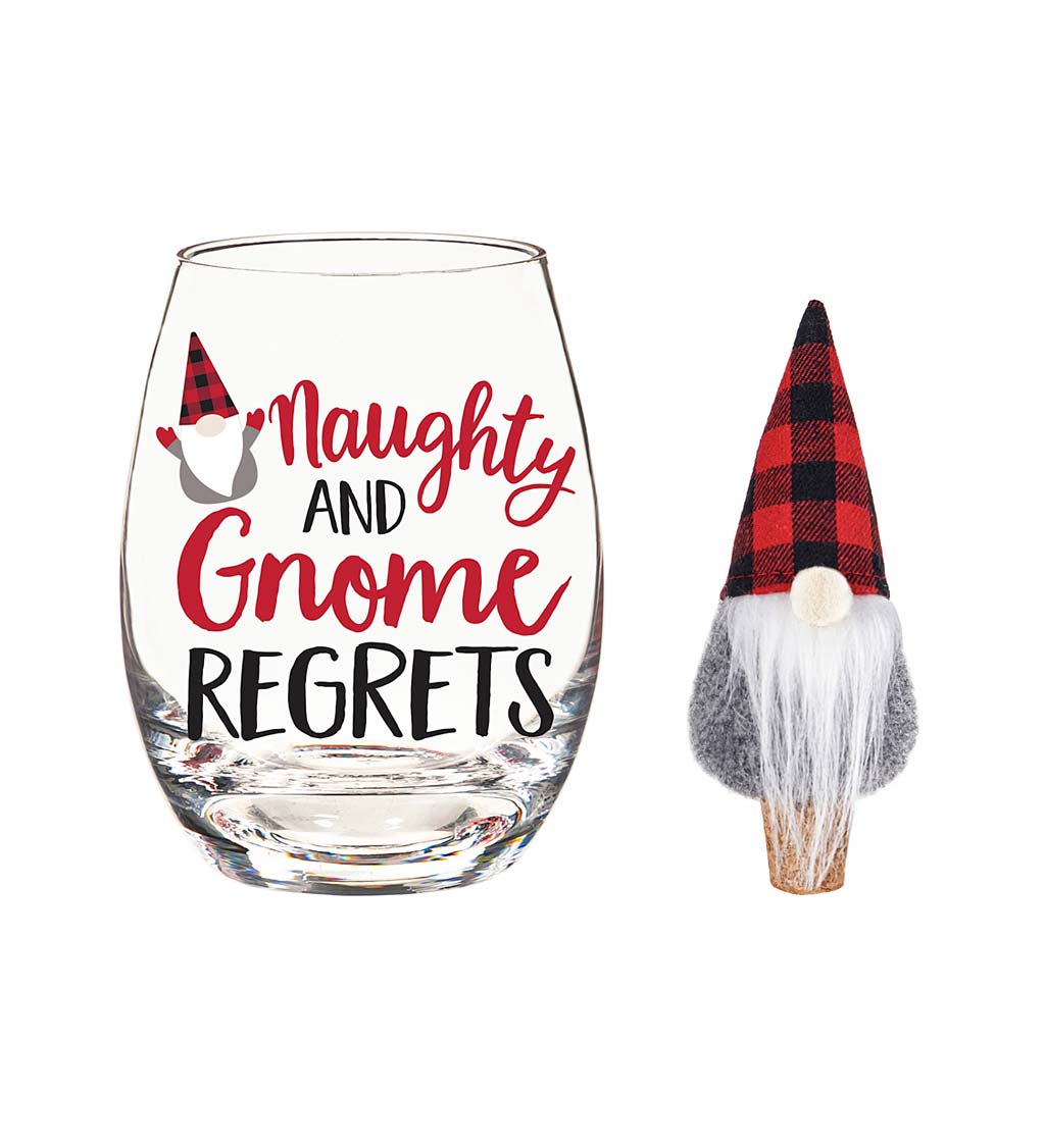 Naughty And Gnome Regrets 17 oz. Glass With Wine Stopper Gift Set