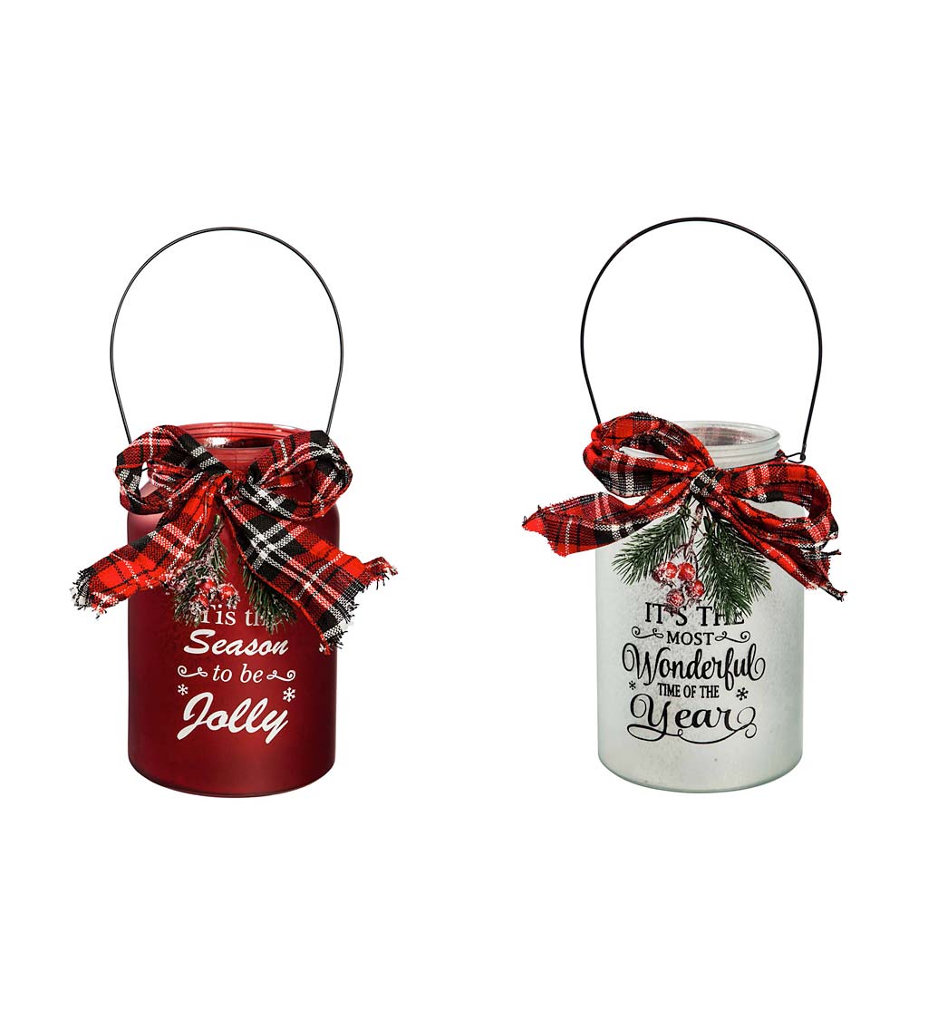 Lighted Holiday Jars with Plaid Ribbon, Set of 2