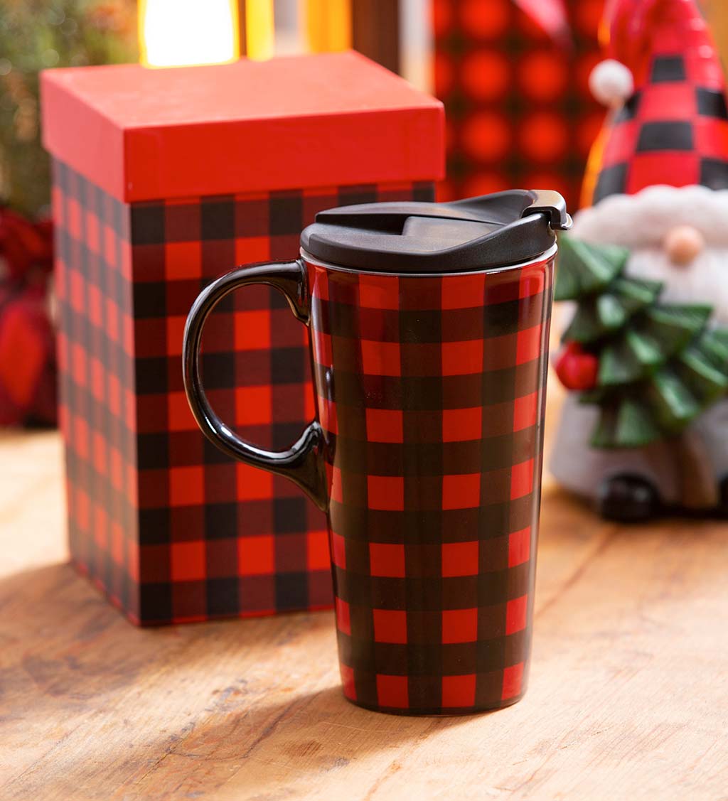 Red & Black Buffalo Plaid 17 oz. Ceramic Travel Cup With Gift Box