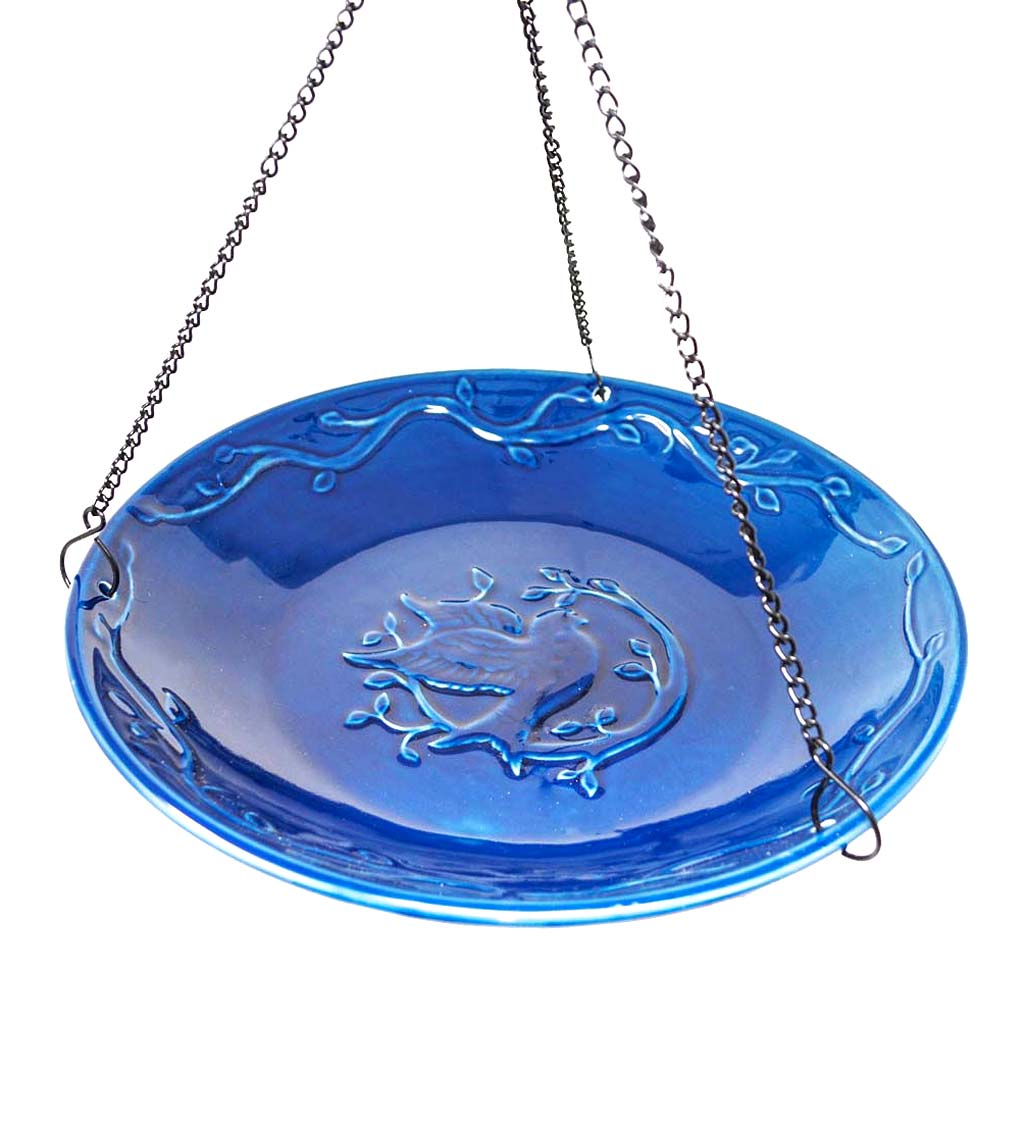 Hanging Blue Glass Birdbath with Songbird Design and Hanging Chain Included swatch image