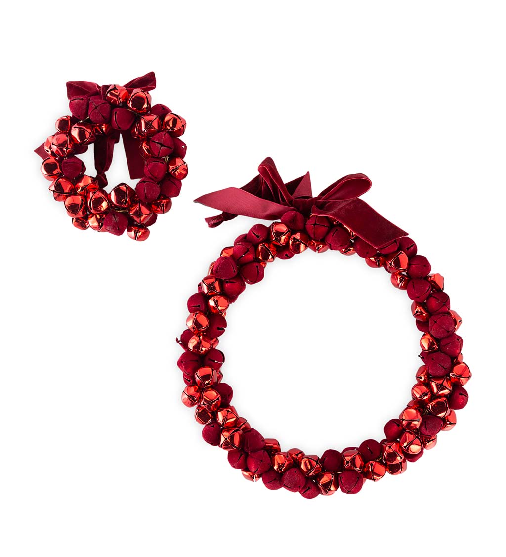 Red Jingle Bell Wreaths with Red Velvet Ribbon, Set of 2