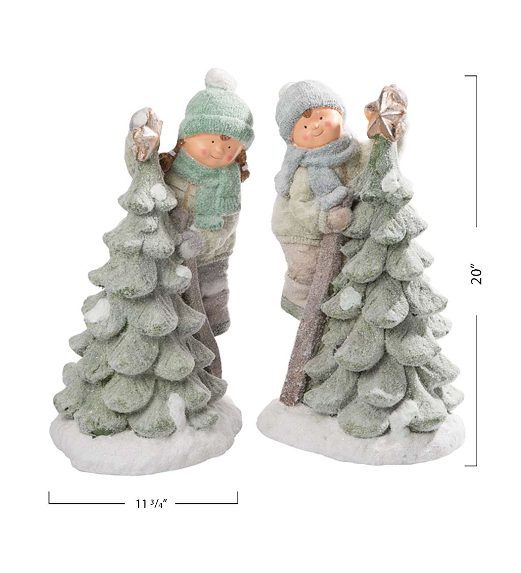 Boy and Girl on Ladders Placing Stars Atop Christmas Trees, Set of 2
