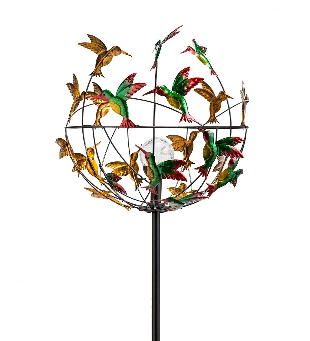 Metal Hummingbird Wind Spinner with Color-Changing Solar Orb