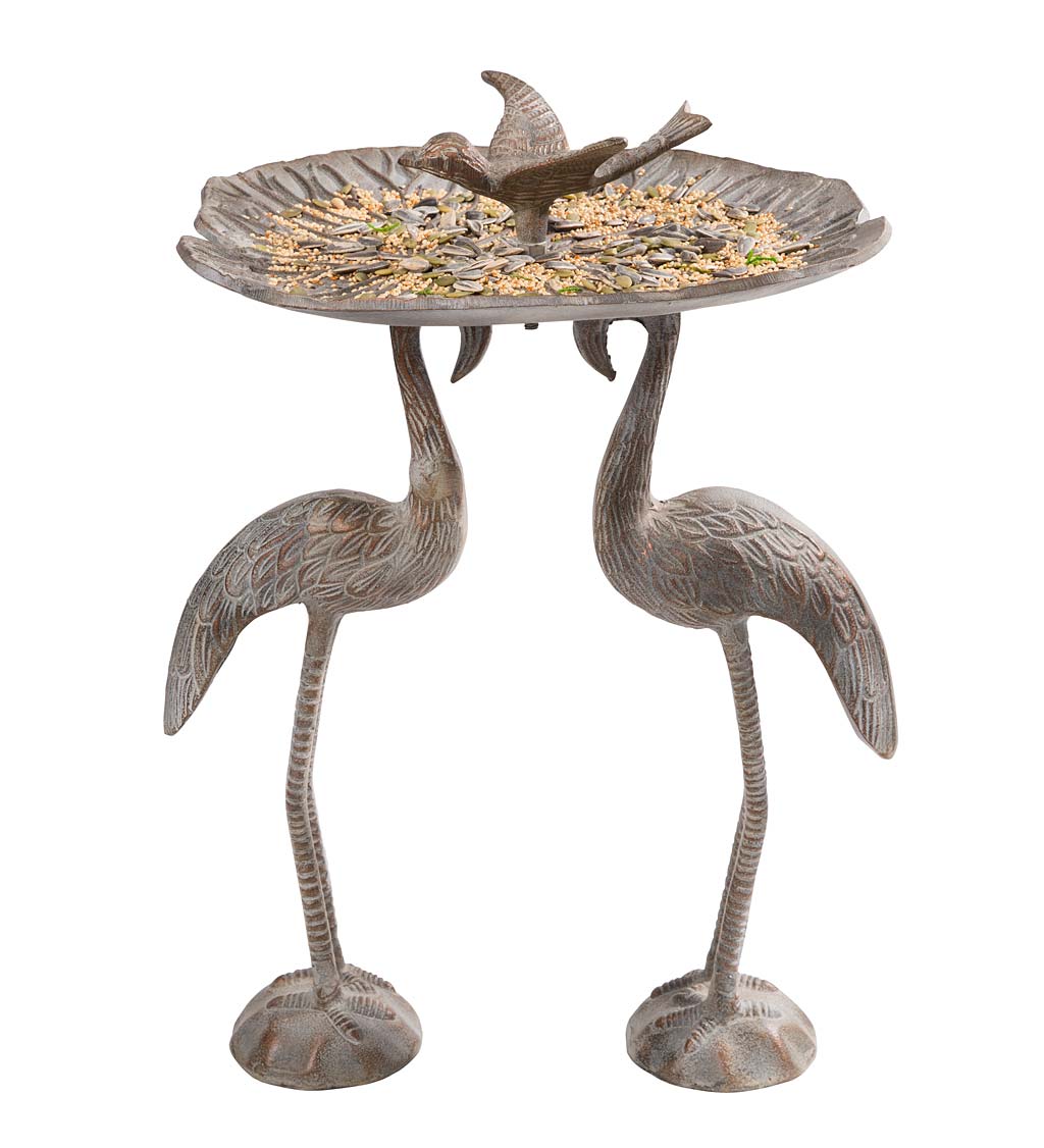 Aluminum Two Cranes Bird Feeder with Visiting Bird and Drainage Hole