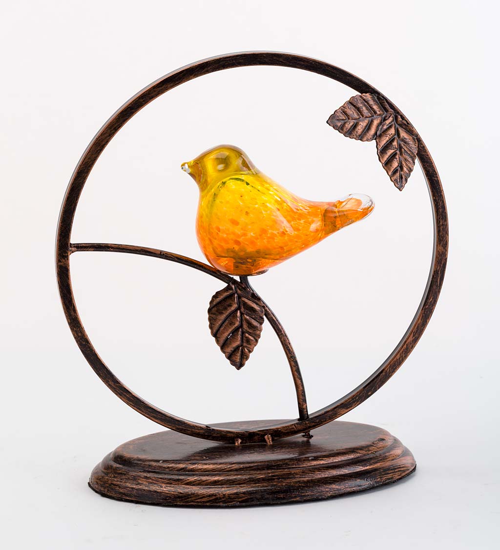 Lighted Glass Bird Sculpture with Metal Frame and Base