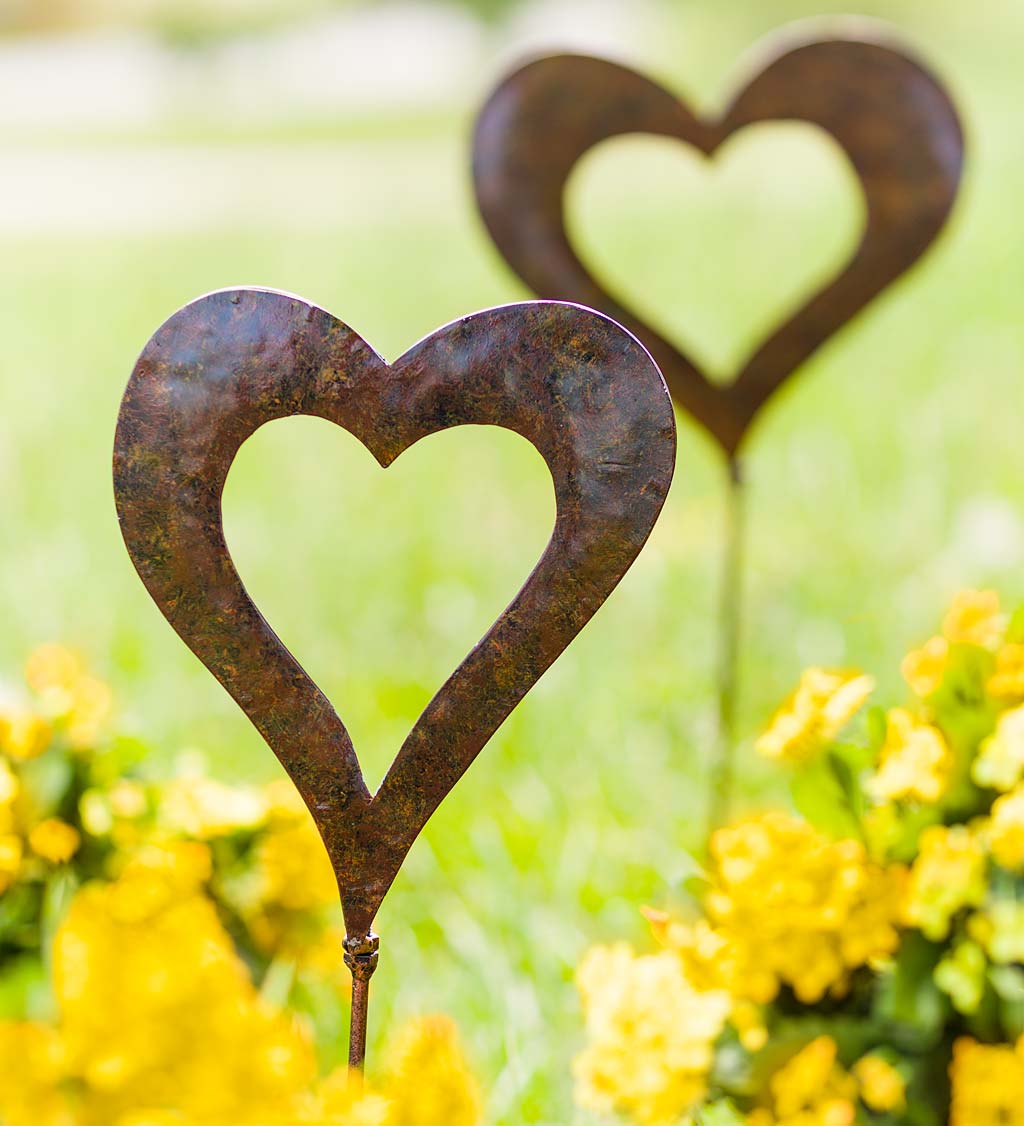 Handcrafted Metal Heart Decorative Garden Stakes, Set of 3