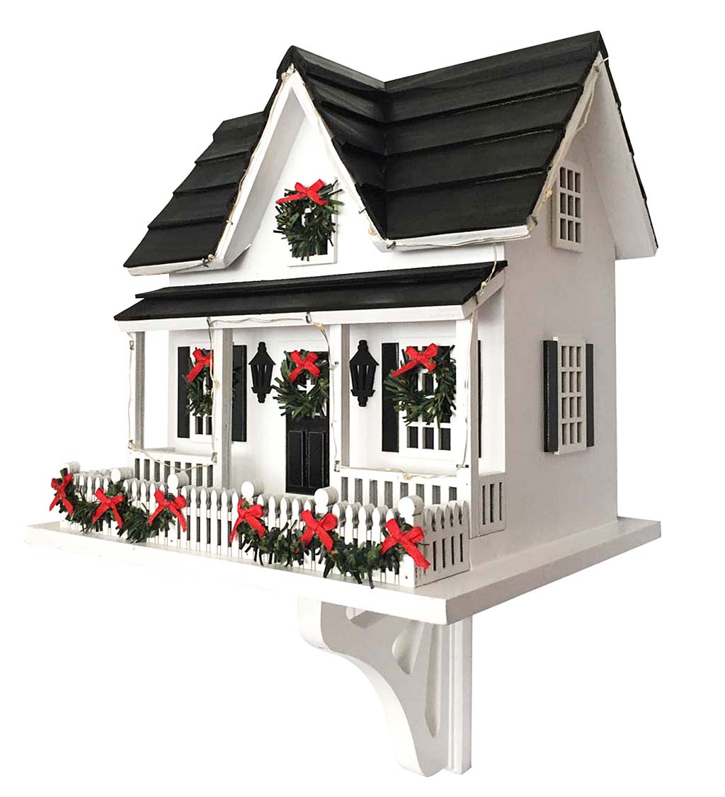 Lighted Holiday Colonial Cottage Birdhouse with Wreaths and Garland