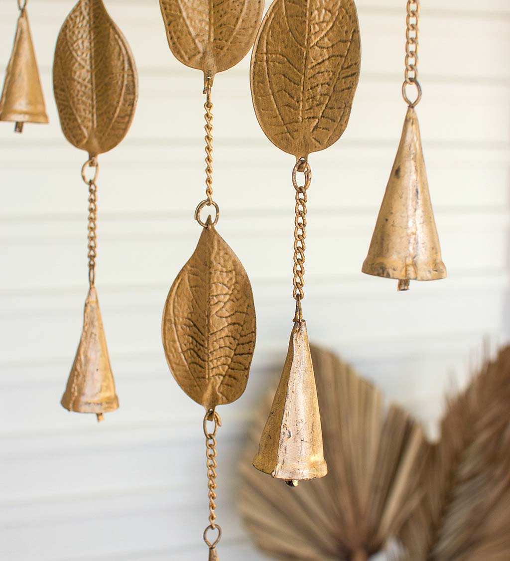 Handcrafted Golden Metal Leaves and Bells Wind Chime