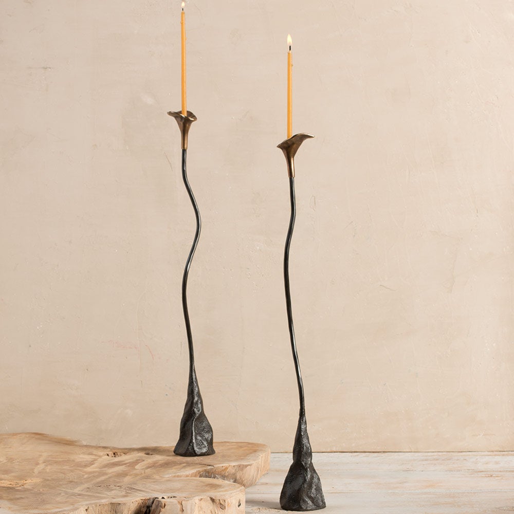 Handcrafted Cala Lily Blossom Iron Candle Holders with Beeswax Candles, Set of 2