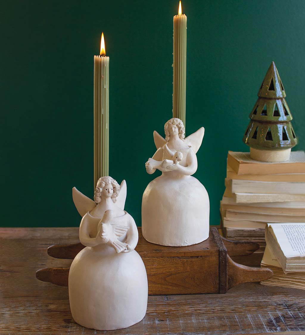 White Angel with Dove Taper Candle Holders, Set of 2