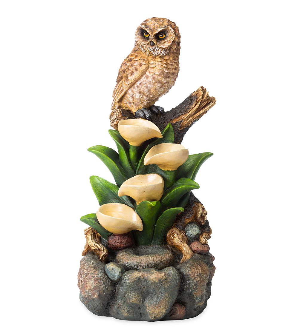 Lifelike Owl, Lilies and Rocks Indoor Cascading Fountain