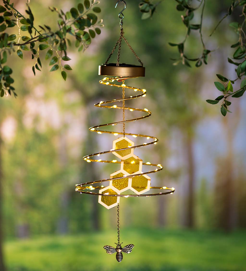 Solar Lighted Bee Mobile With Stained Glass Honeycomb