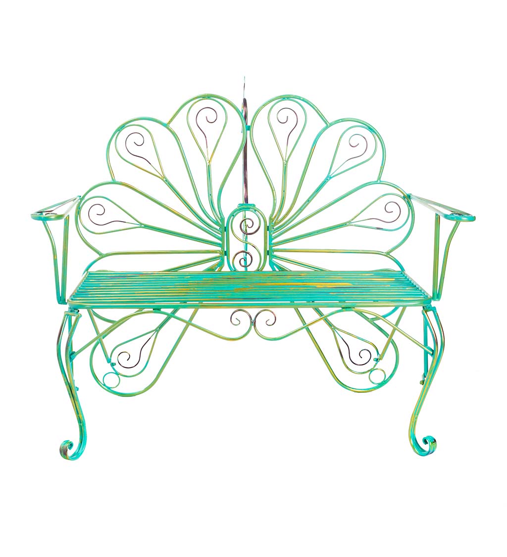Powder-Coated Metal Peacock Garden Bench in Green with Accent Colors