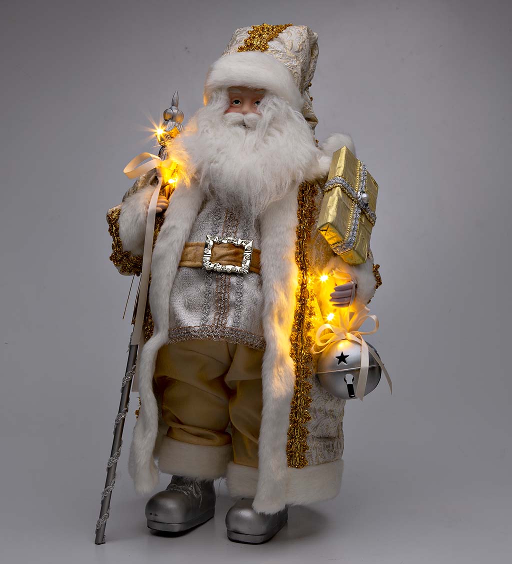 Lighted Silver and Gold Santa Claus with Staff, Gifts and an Ornament