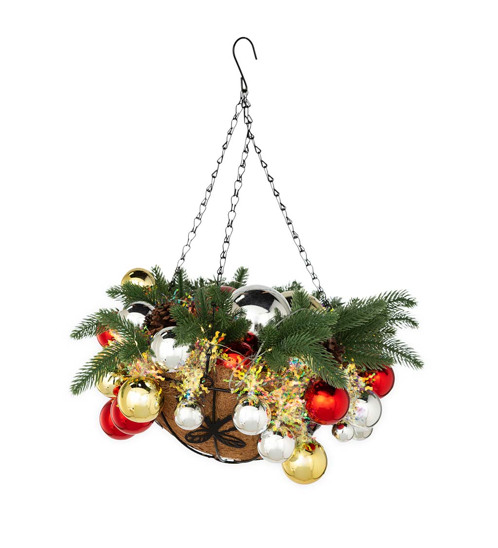 Lighted LED Hanging Shatterproof Ornament Basket with Pine Boughs