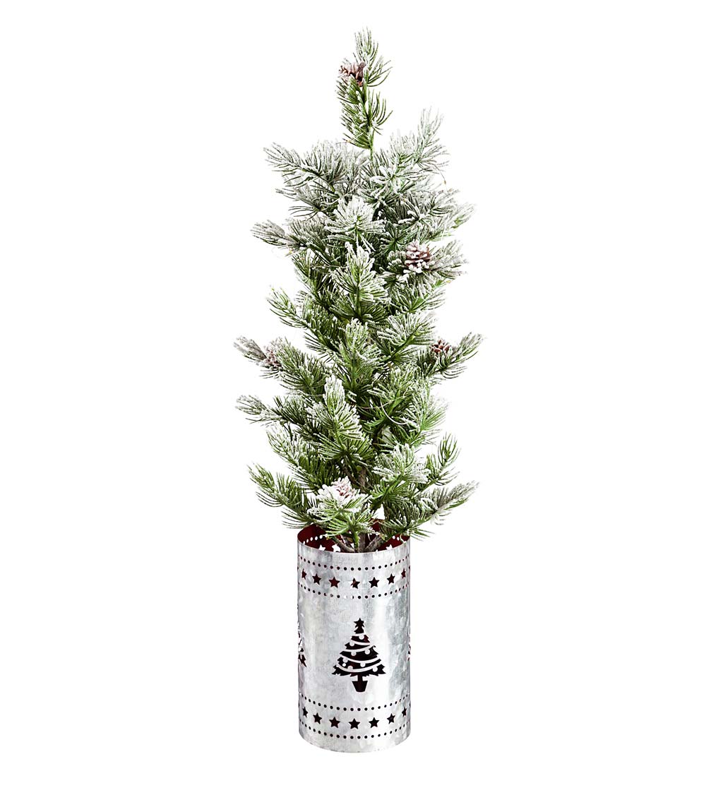 Lighted Winter Pine Tree in Metal Christmas Tree Pot