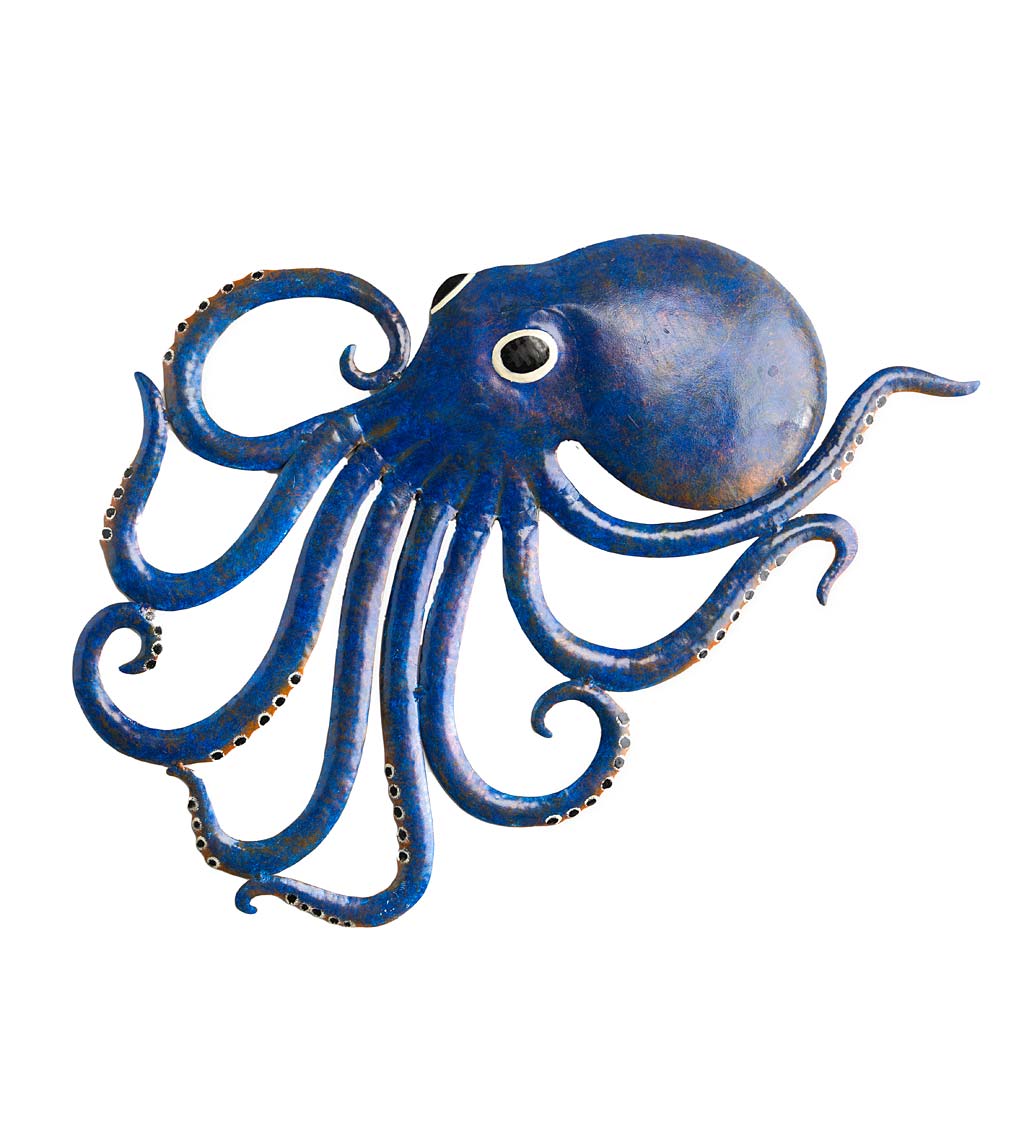 Hand-Cut and Painted Blue Octopus Wall Art