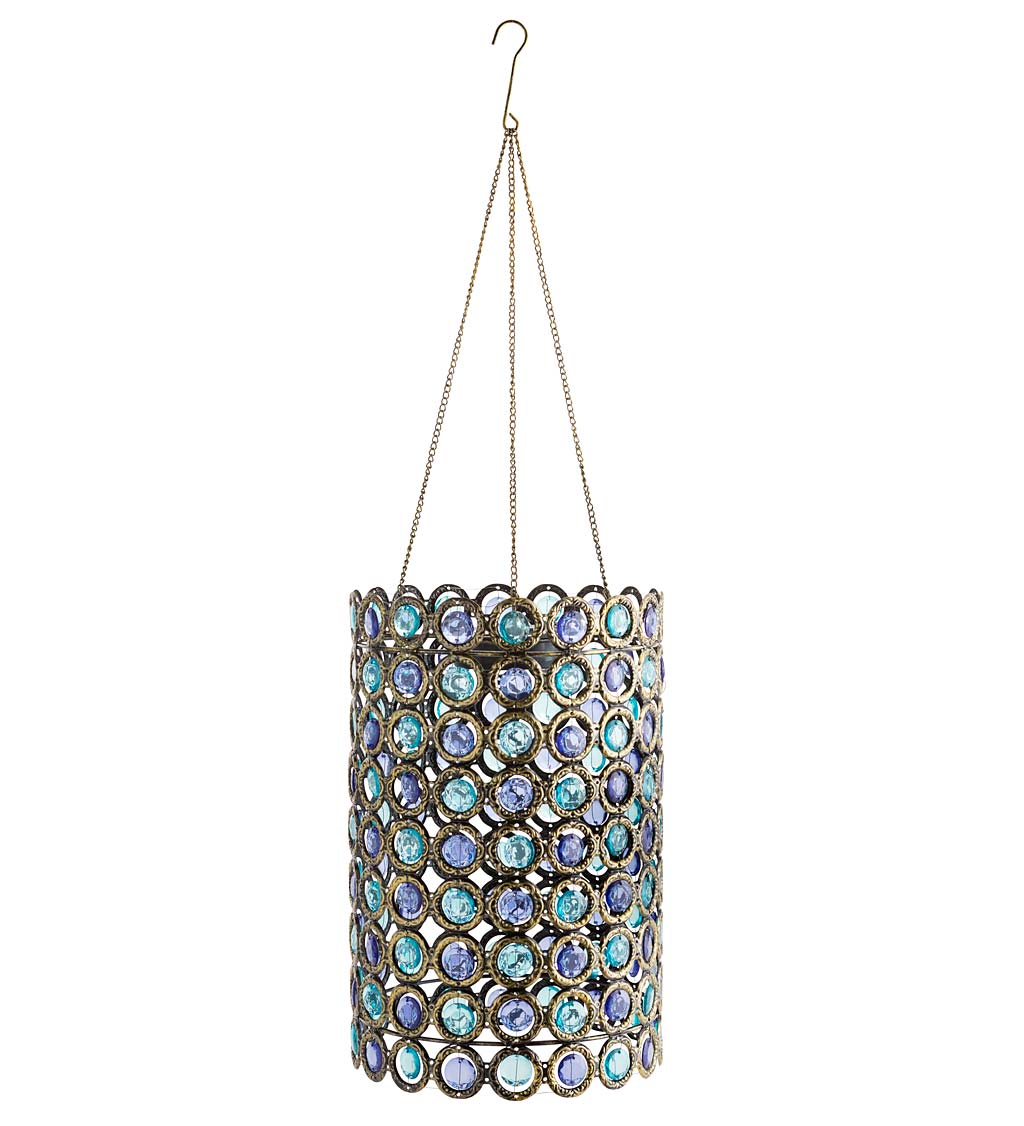 Hanging Metal Solar-Powered Lantern with Blue Acrylic Beads