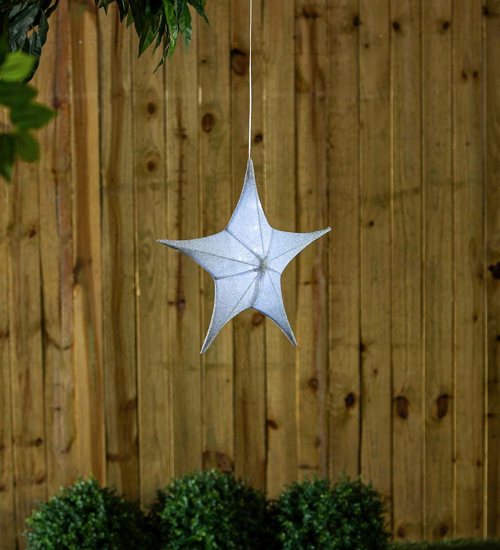 Lighted Hanging Fabric Star, Small Silver
