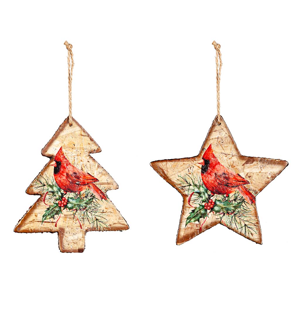 Rustic Wooden Tree and Star Cardinal Christmas Tree Ornaments, Set of 2
