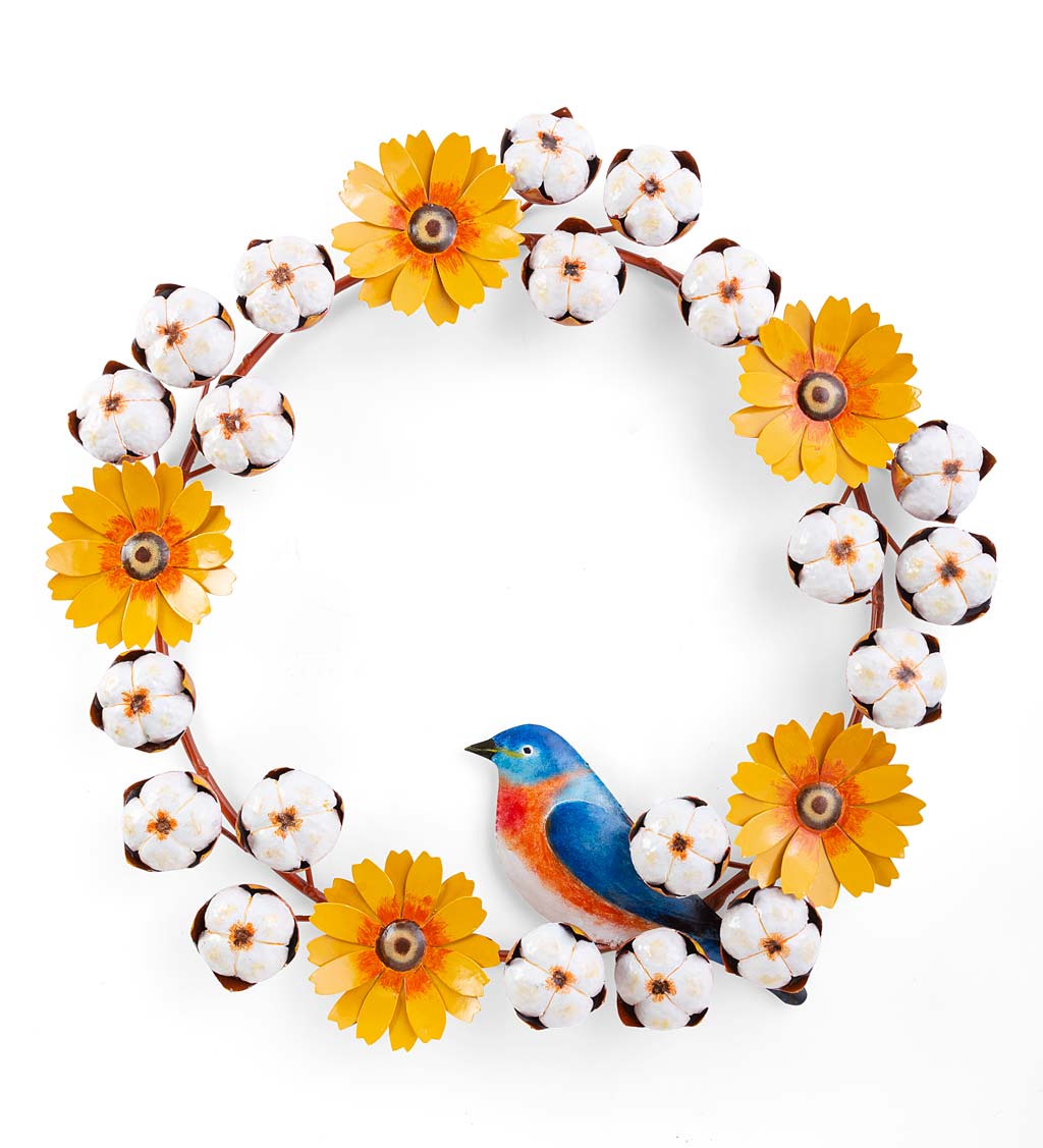 Handcrafted Metal Cotton Flower, Daisy and Bluebird Wreath