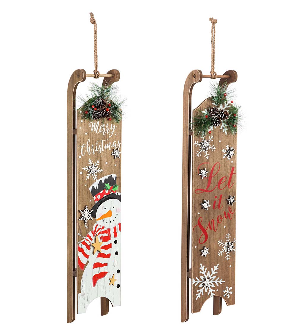 Lighted Wooden Sled Wall Décor, Set of 2