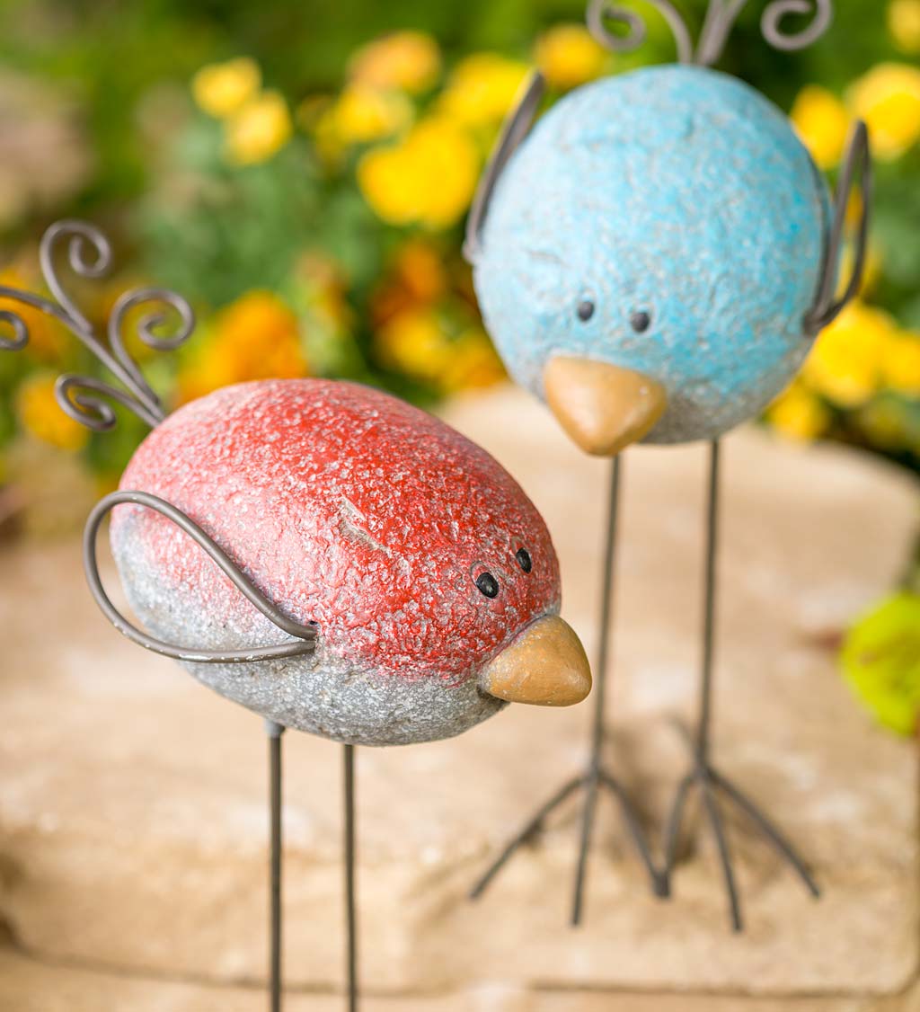 Colorful Resin Rock Birds with Wire Wings, Tails, Legs and Feet, Set of 2