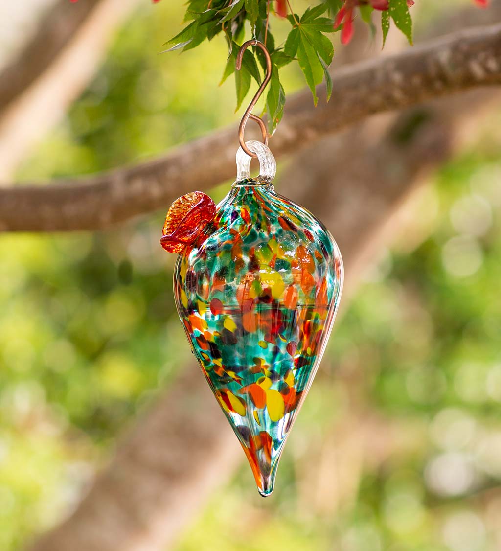 Teardrop-Shaped Glass Hummingbird Feeder - Green