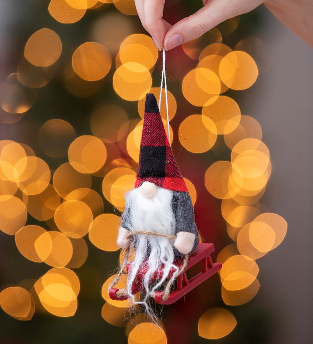 Plush Winter Gnomes on Sleds Christmas Tree Ornaments, Set of 2