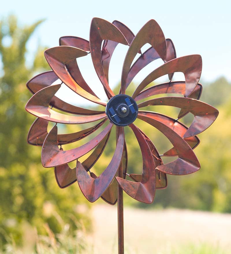Solar Lighted LED Flower Metal Wind Spinner with Bi-Direction Rotors swatch image