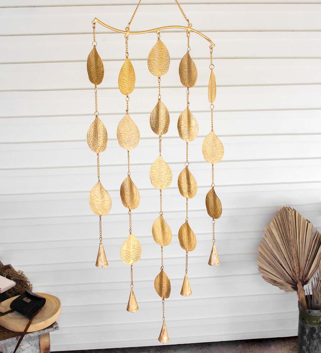 Handcrafted Golden Metal Leaves and Bells Wind Chime