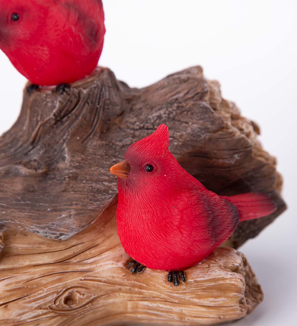 Solar-Lighted Three Cardinals on a Log Outdoor Sculpture