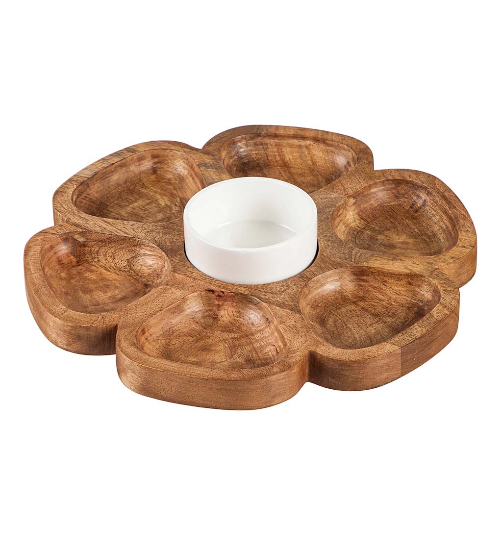 Wooden Flower Serving Tray and Dip Bowl
