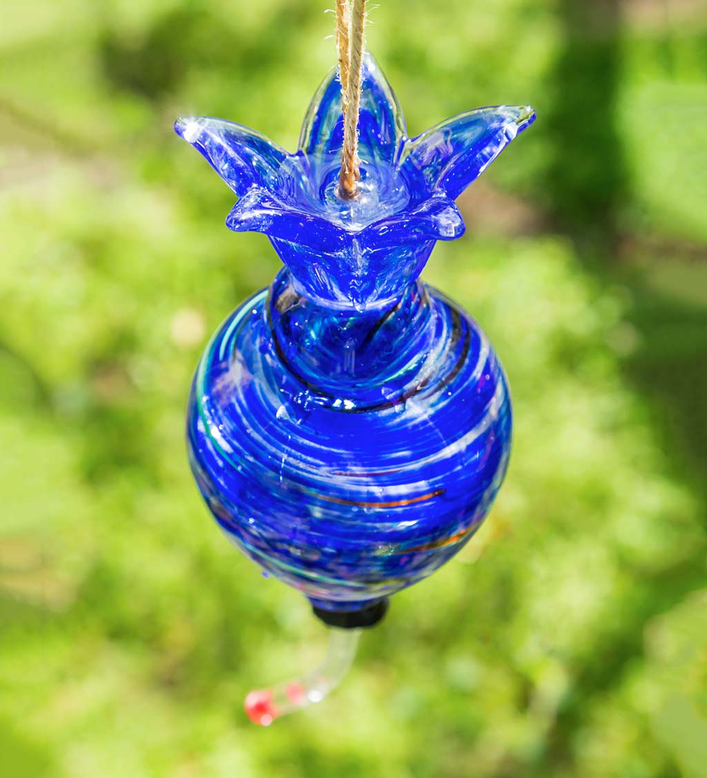 Hanging Art Glass Hummingbird Feeders with Built-In Ant Moat, Set of 3