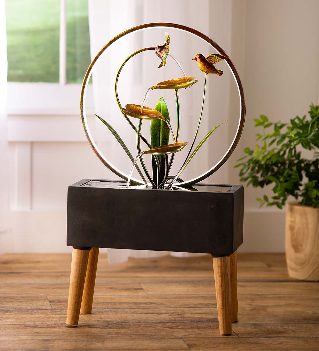 Metal Lily Flower Indoor Fountain With Wood Base and Circular LED Light