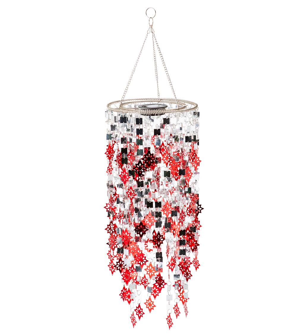 Silver Mirrored Outdoor Chandelier with Red Metal Snowflakes and Solar-Powered Lights
