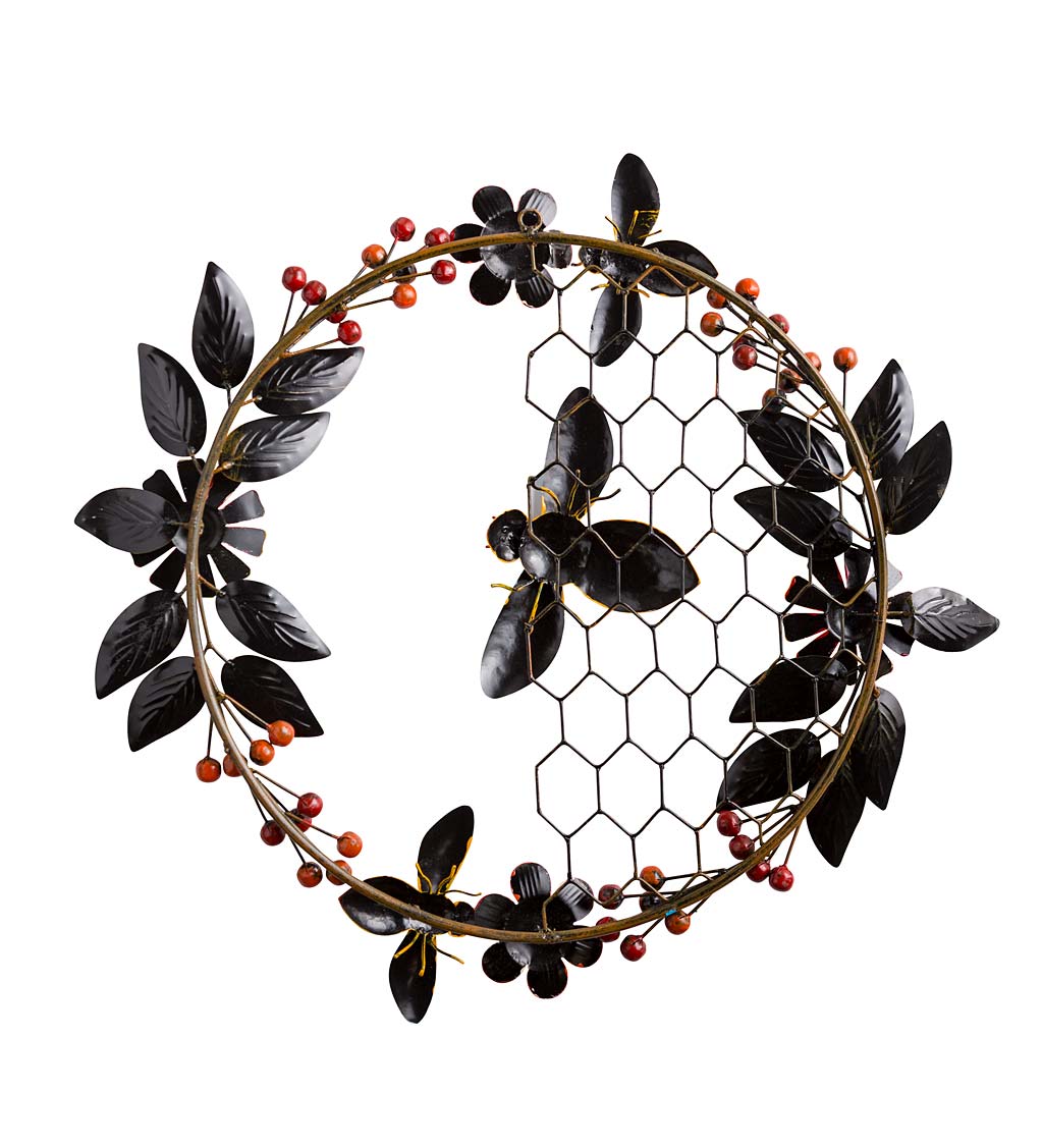Handcrafted Metal Floral Wreath with Bees and Honeycomb