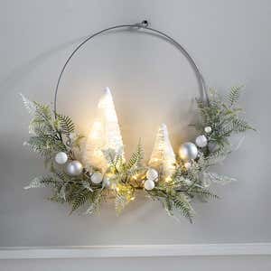 Silver Hoop Holiday Wreath with Two Evergreens, Faux Foliage and LED Lights