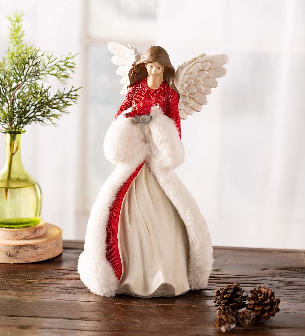 Holiday Angel In Long Faux-Fur Trimmed Coat Holding Cardinal