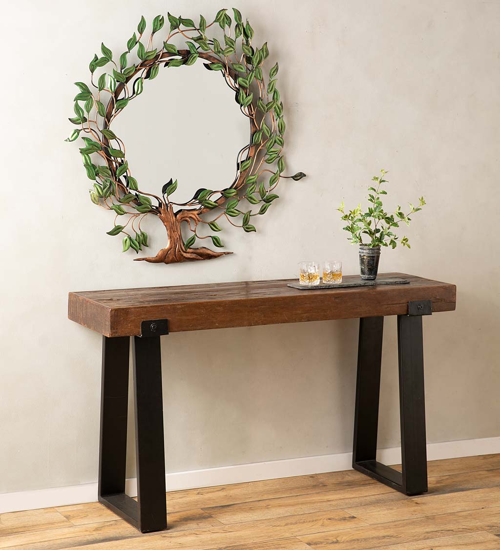 Oversize Green and Copper-Colored Metal Round Tree of Life Mirror