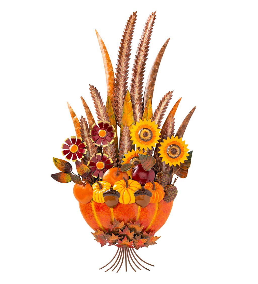 Handcrafted Metal Autumn Wall Bouquet With Flowers, Leaves and Pumpkin