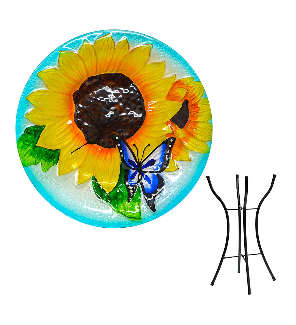 Sunflowers and Butterfly Birdbath with Stand