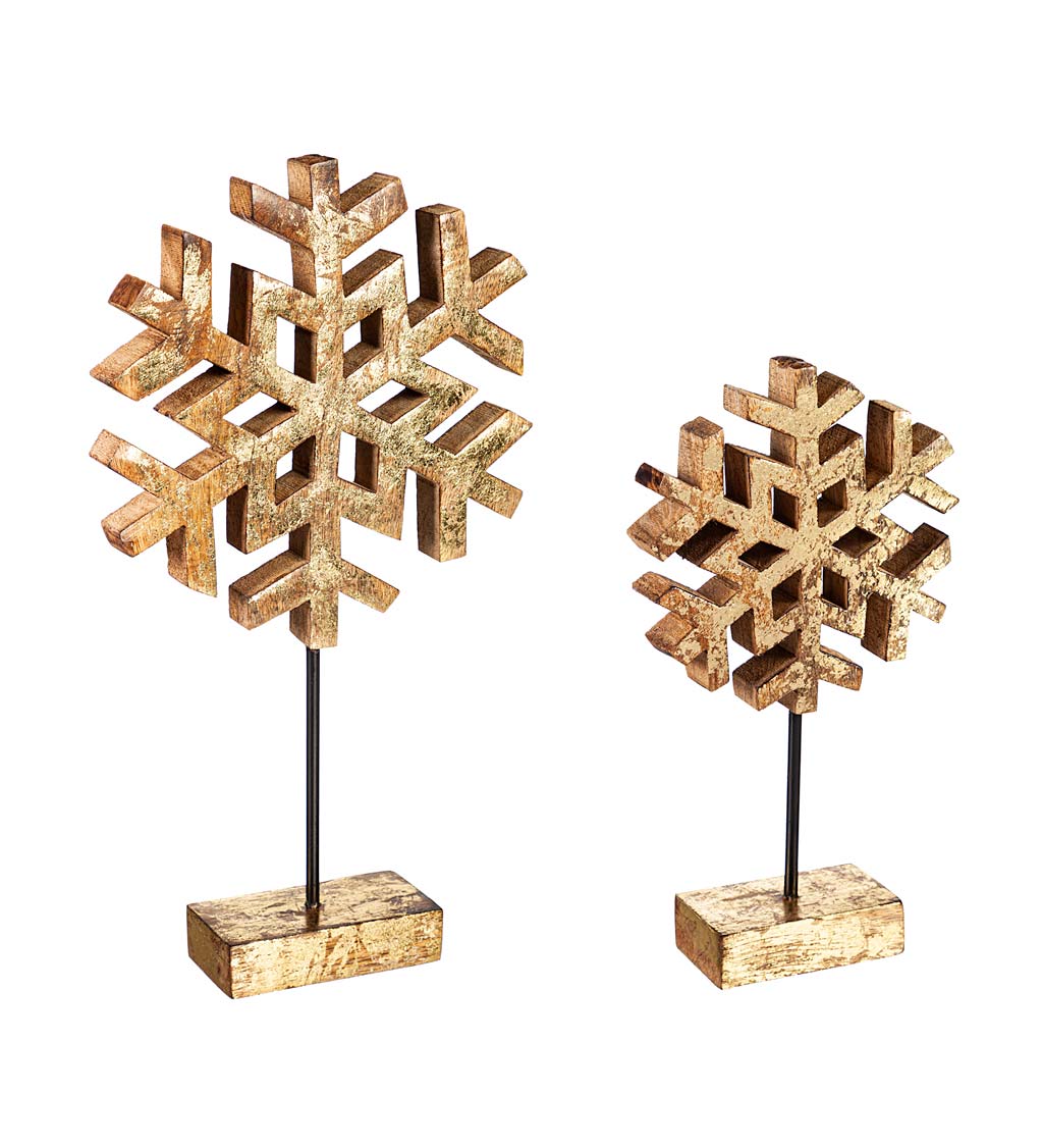 Wood with Metallic Finish Snowflake on Stand Table Accents, Set of 2