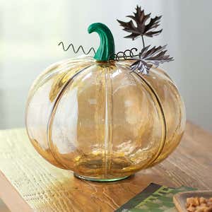 Glass Pumpkin with Metal Maple Leaves