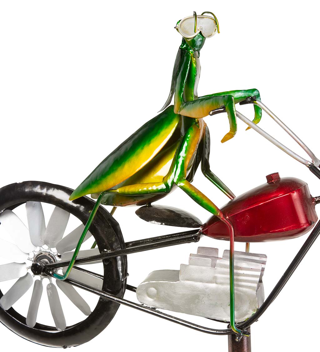Handcrafted Metal Praying Mantis on a Motorcycle Wind Spinner