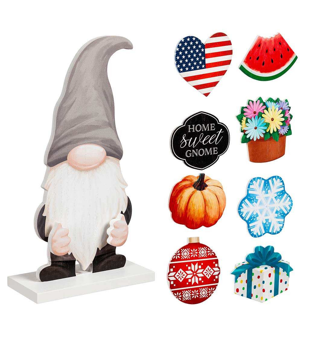 Wooden Gnome with Interchangeable Seasonal Icons Table Decor