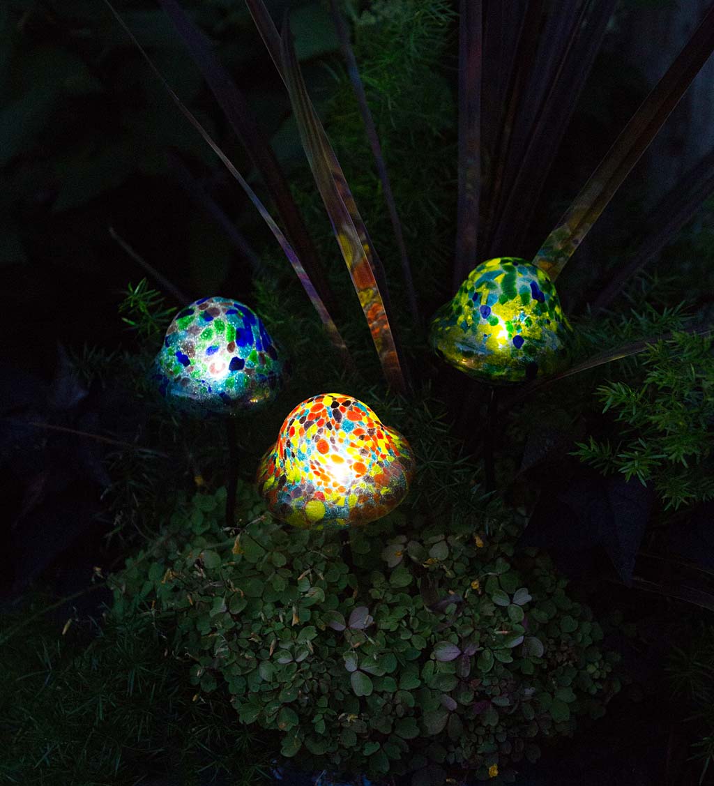 Solar Lighted Blown Glass Mushroom Garden Stakes, Set of 3